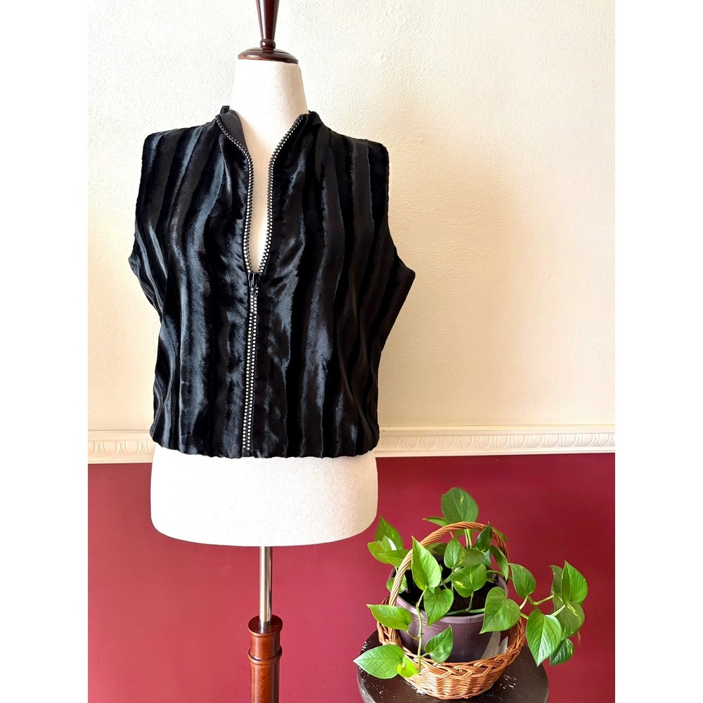 Vintage Y2K Black Faux Fur Rhinestone Zip Vest Mock Size M USA Made Dark Glamour
